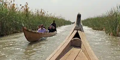 A canoe travels through the marshes in the south of Iraq. Photographed by Mohammed Alsoufi.