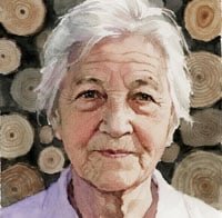 Image of older woman in an AI-generated watercolour painting. Source: Stockcake.com CC1.0