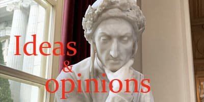 Title image "Ideas & opinions" with photo of statue of person in deep thought