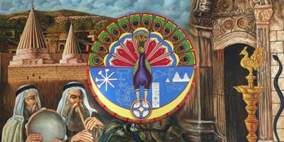 Painting featuring the Tawûsî Melek (peacock angel), in a house in Rojava, a Kurdish region of Syria; 2015. To Yazidis, the Tawûsî Melek represents a benevolent being who transformed into a bird when it came to take care of the world. Photo (cropped) by Janet Biehll CC2.0