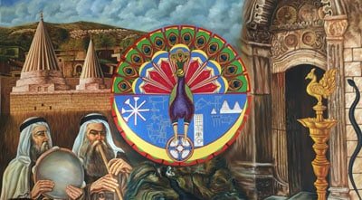 Painting featuring the Tawûsî Melek (peacock angel), in a house in Rojava, a Kurdish region of Syria; 2015. To Yazidis, the Tawûsî Melek represents a benevolent being who transformed into a bird when it came to take care of the world. Photo (cropped) by Janet Biehll CC2.0