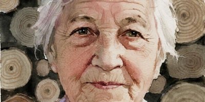 Image of older woman in an AI-generated watercolour painting. CC1.0