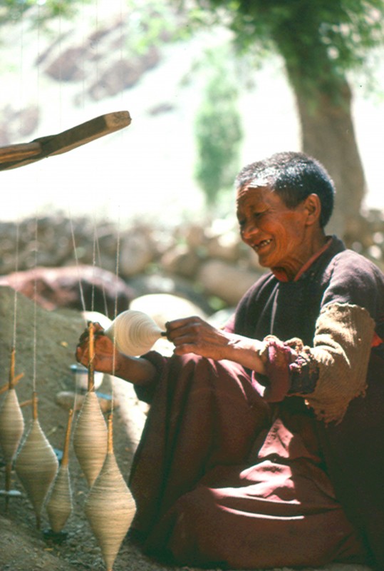 Les hommes et les femmes du Ladakh participent au filage de la laine de yak, de mouton et de chèvre, qui est soit utilisée ou vendue. La laine de pashmina filée dans la région est l’une des plus prisées au monde. Fabriquée à partir du fin duvet des chèvres, elle est la plus fine. Elle sert à tisser des châles et autres vêtements.